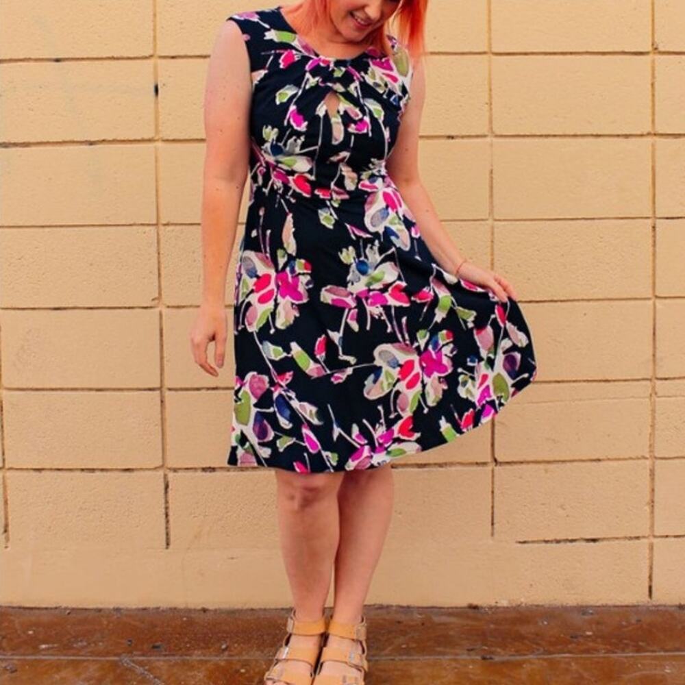 WISP Floral Cut Out Jersey Sleeveless Knee Length Dress Navy Multicolor Size 12